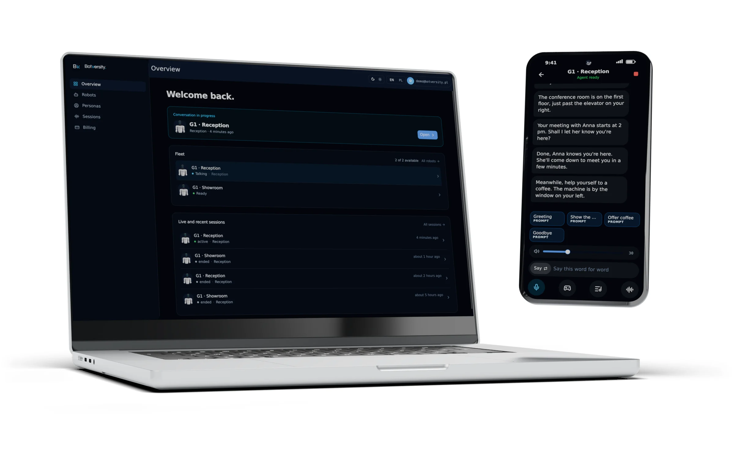 Bv App on a laptop and a phone: an overview of robots and conversations on the laptop, a live conversation on the phone