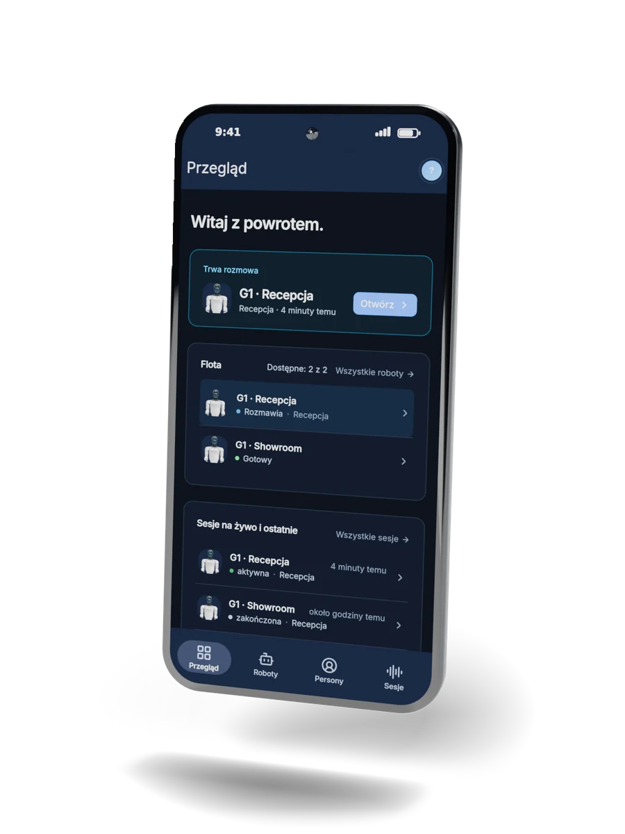 Bv App on a phone: the Overview screen with the robot’s live conversation and the robot fleet
