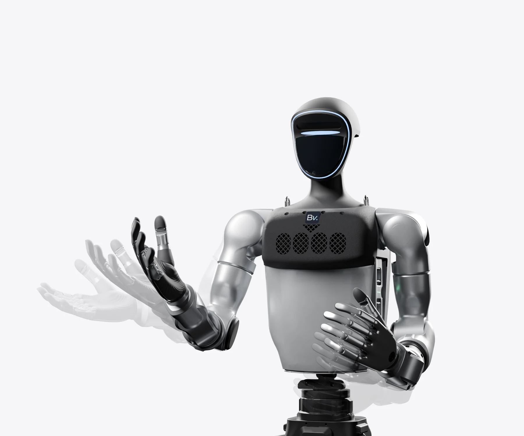 A Unitree G1 robot with the Bv Chest Unit gestures with an open hand like someone explaining something; translucent copies of the hand show the path of the gesture