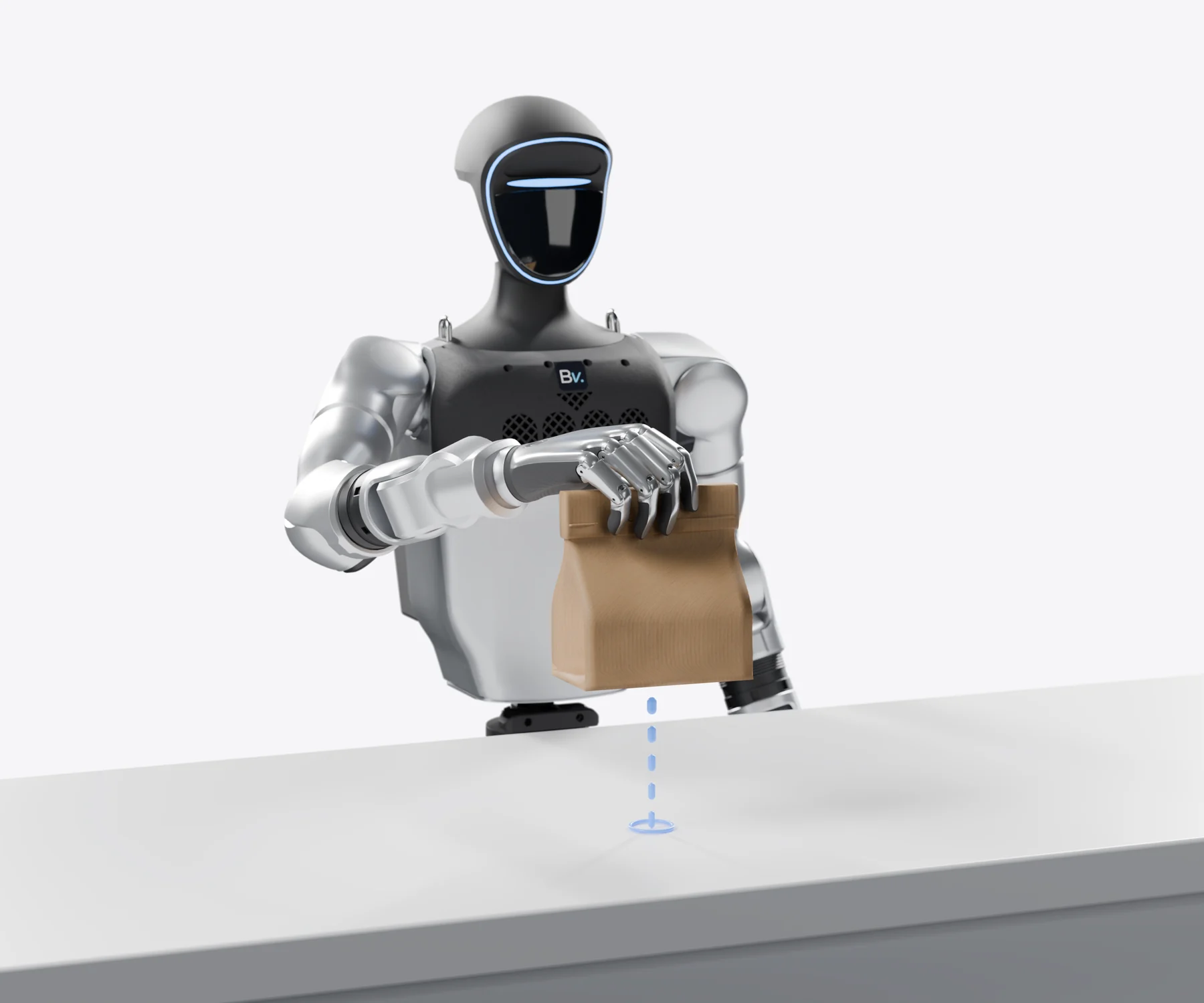 A Unitree G1 robot behind a counter holds a paper bag by its folded top with a two-finger pinch; a dotted line from the counter shows the recorded motion path