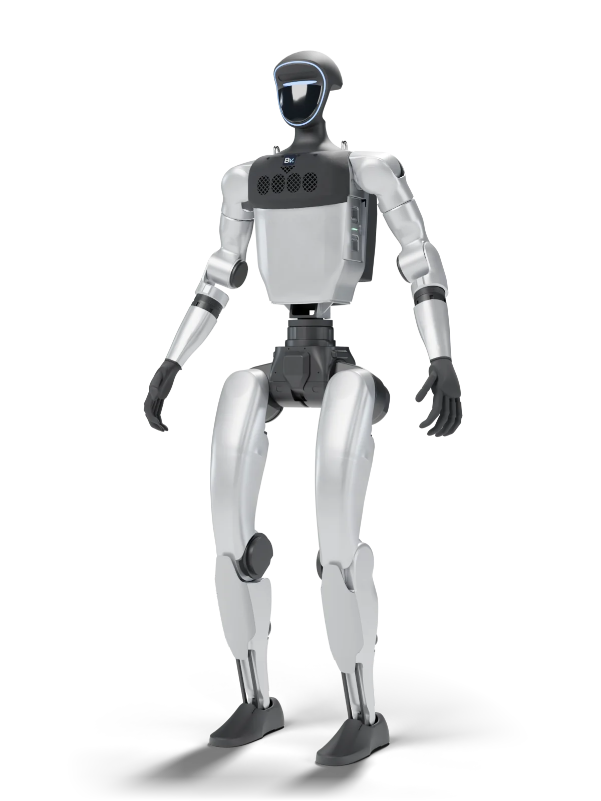 A Unitree G1 Basic with the Bv Chest Unit on its chest and the Bv Backpack on its back