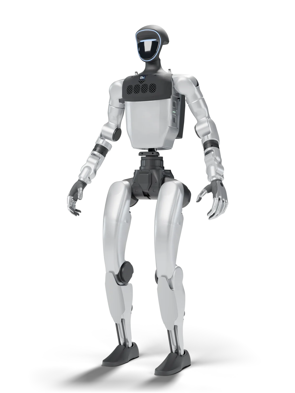 A Unitree G1 EDU with the Bv Chest Unit on its chest and the Bv Backpack on its back