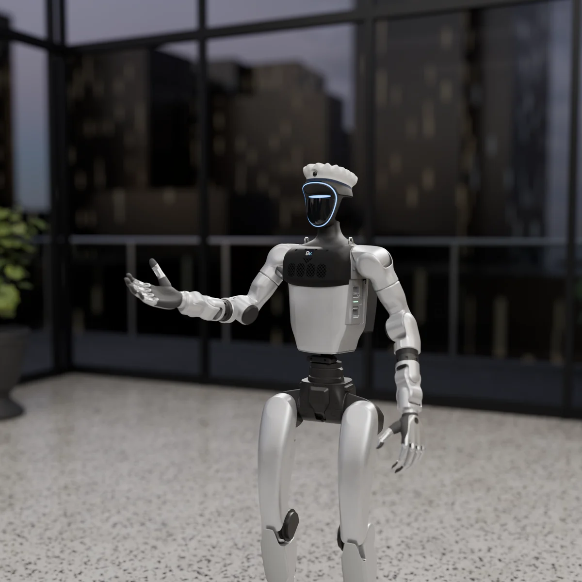 The robot talks to the guest and points to the side with its hand