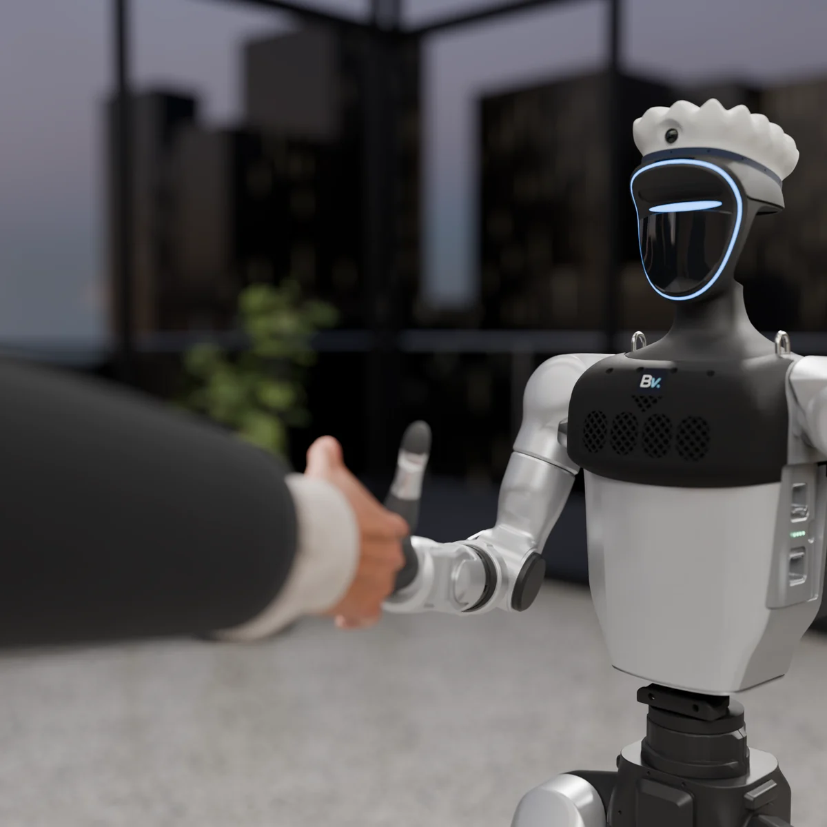 The robot shakes the guest’s hand goodbye