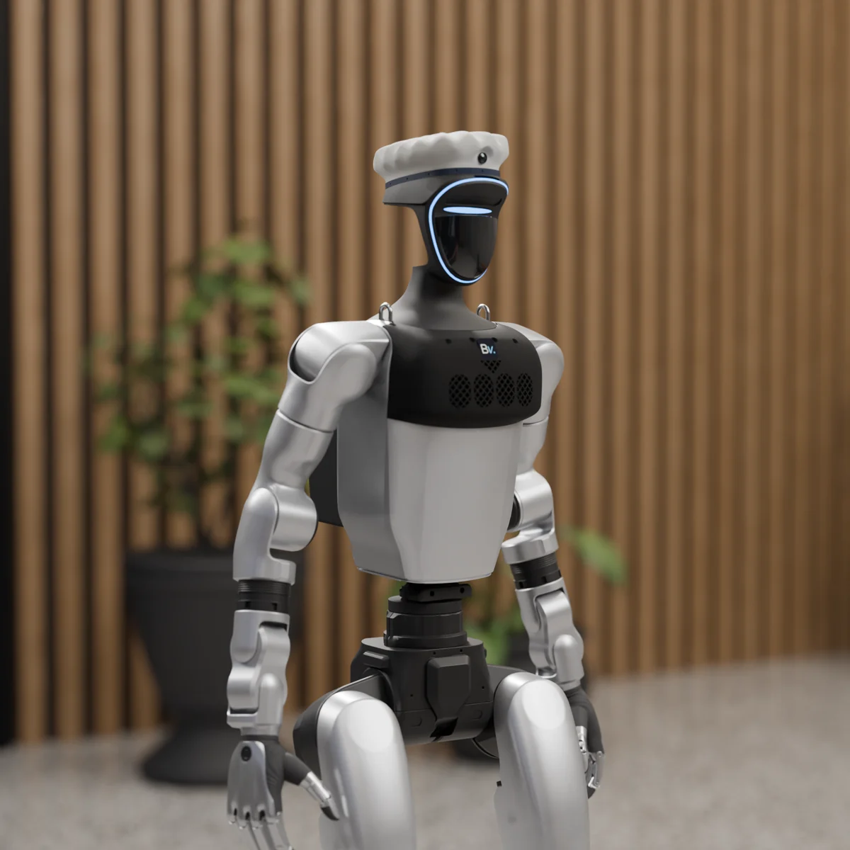 In an office lobby, the robot faces the guest and talks to them