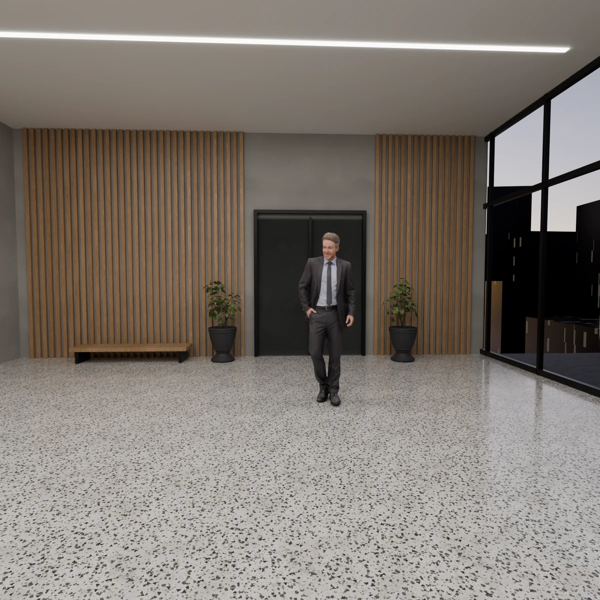 The robot camera view: a guest walks across an office lobby, in a “person” box