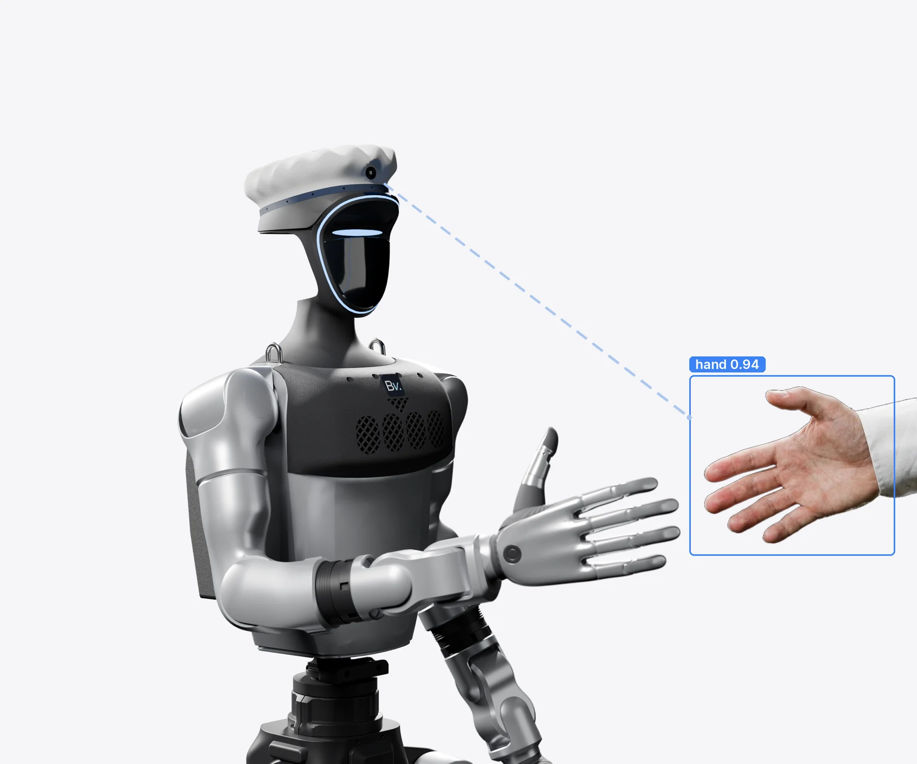 A Unitree G1 robot with a camera reaches out to shake hands; a line from the camera leads to the human hand, outlined with a box labelled “hand”